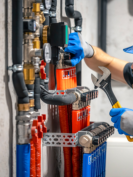Conjunto de mangueiras pneumáticas azuis conectadas em manifold — distribuição e organização da rede de ar comprimido industrial