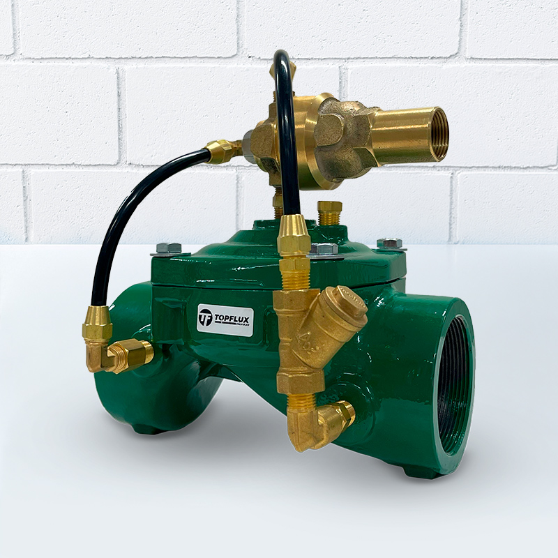 Válvula de controle hidráulico TopFlux — corpo verde com conexões de bronze